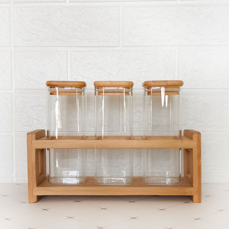 Square glass storage jars set with bamboo shelf