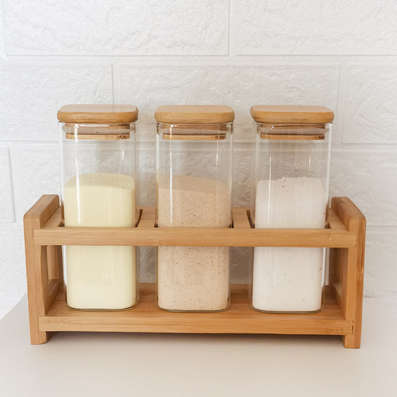 Square glass storage jars set with bamboo shelf