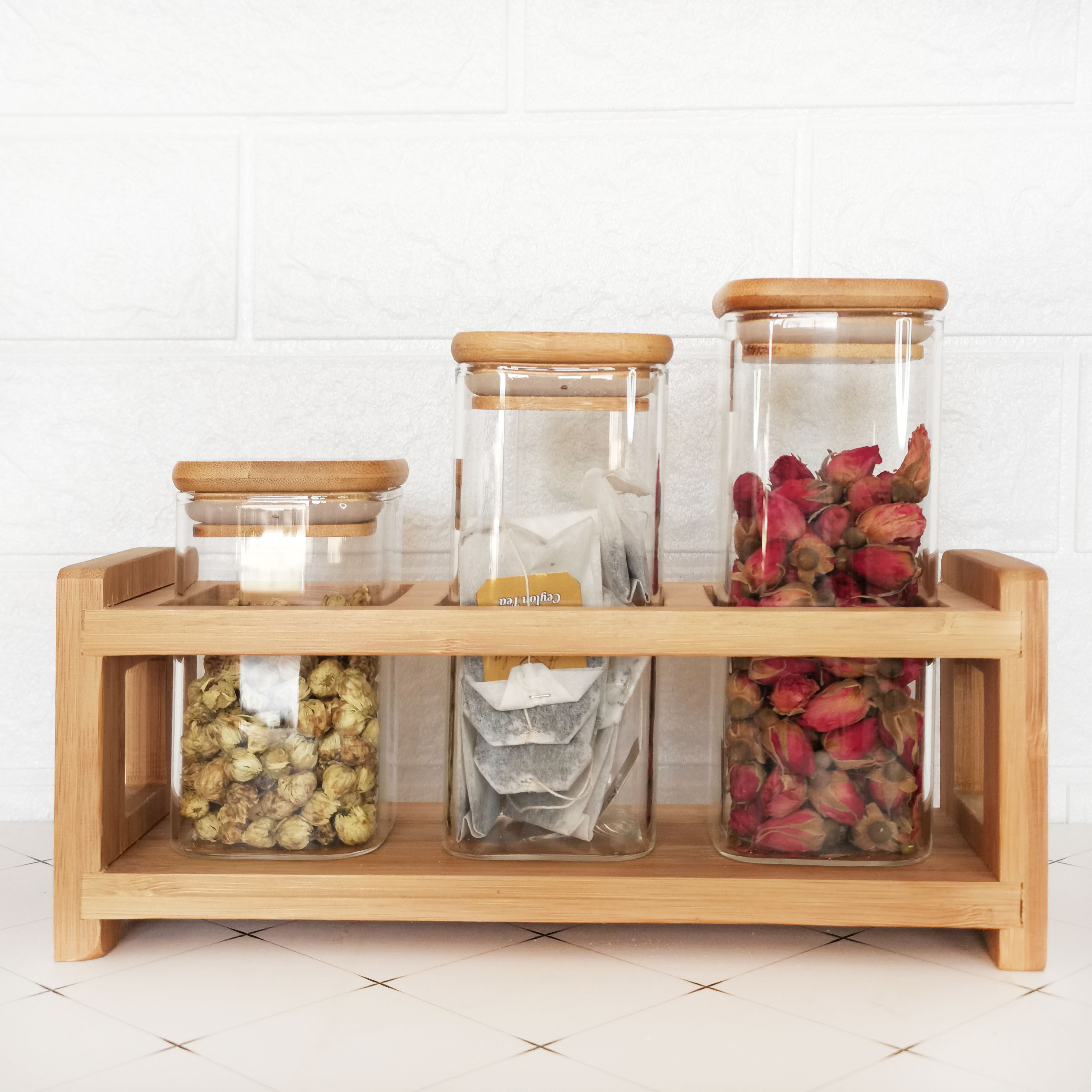 Square glass storage jars set with bamboo shelf