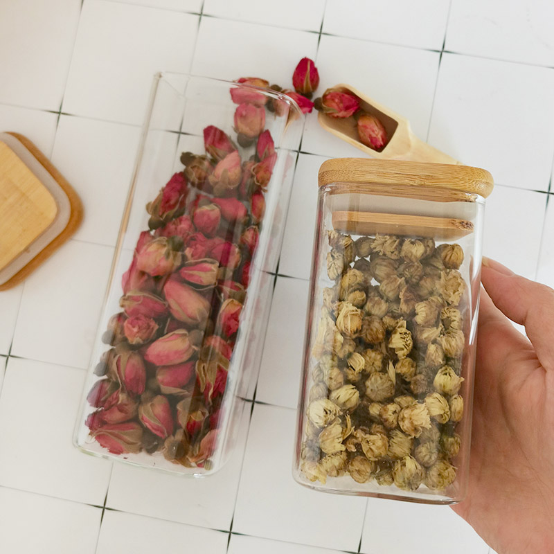Square glass storage jars set with bamboo shelf