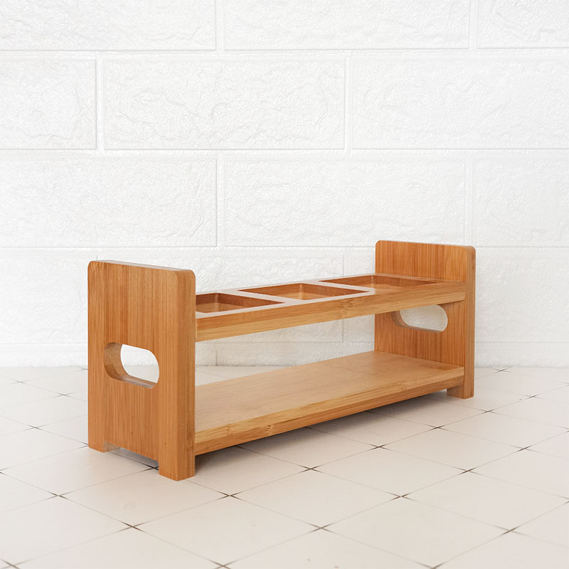 Square glass storage jars set with bamboo shelf