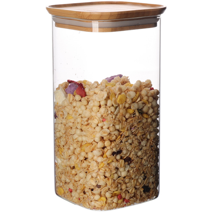 Square model food container borosilicate glass food storage jar with bamboo lid