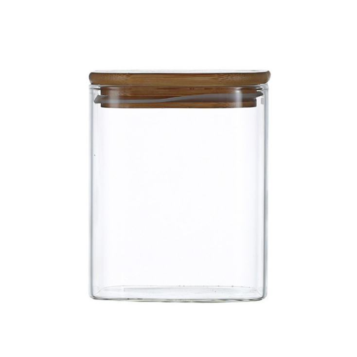 Square model food container borosilicate glass food storage jar with bamboo lid