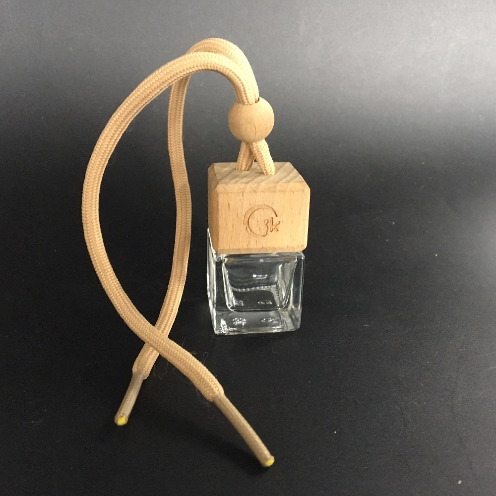 Square small hanging car perfume bottle with wooden cap