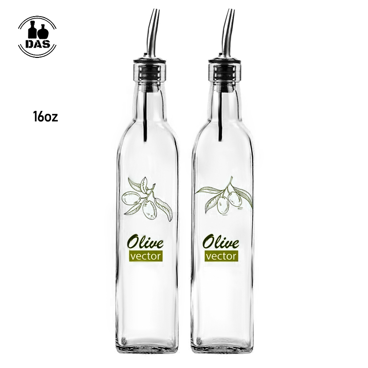 Square tall 16 oz oil vinegar cruet glass olive oil bottles with pour spout