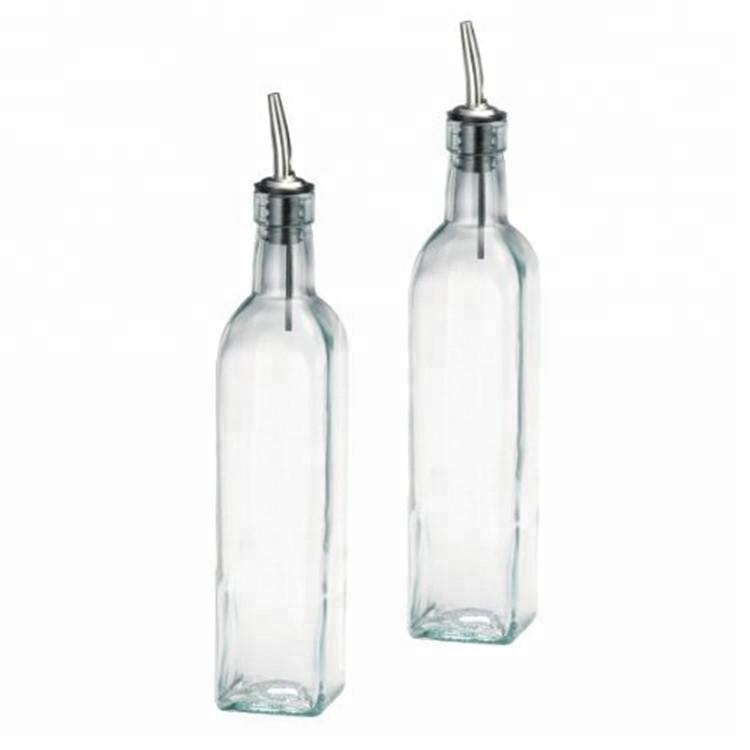 Square tall 16 oz oil vinegar cruet glass olive oil bottles with pour spout