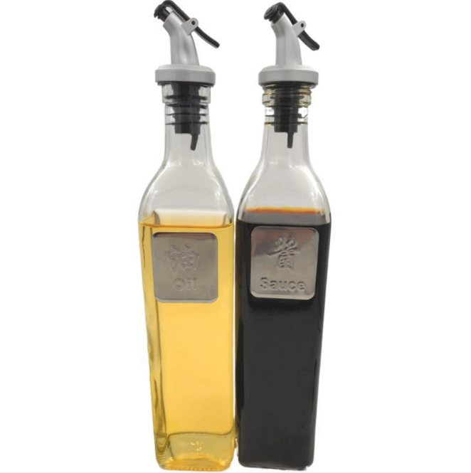 Square tall 16 oz oil vinegar cruet glass olive oil bottles with pour spout