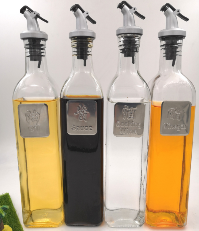 Square tall 16 oz oil vinegar cruet glass olive oil bottles with pour spout