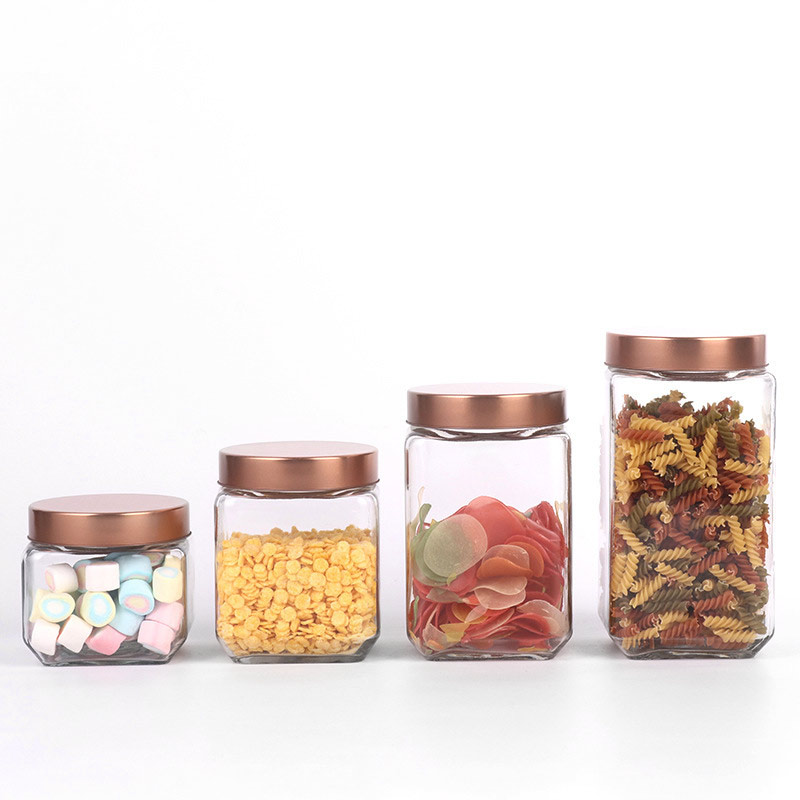 Square tea packaging tin box glass storage bottles fancy glass jars with lids