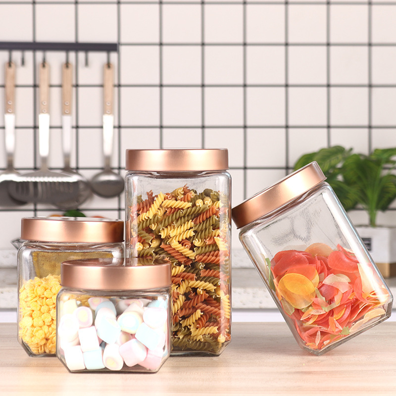 Square tea packaging tin box glass storage bottles fancy glass jars with lids