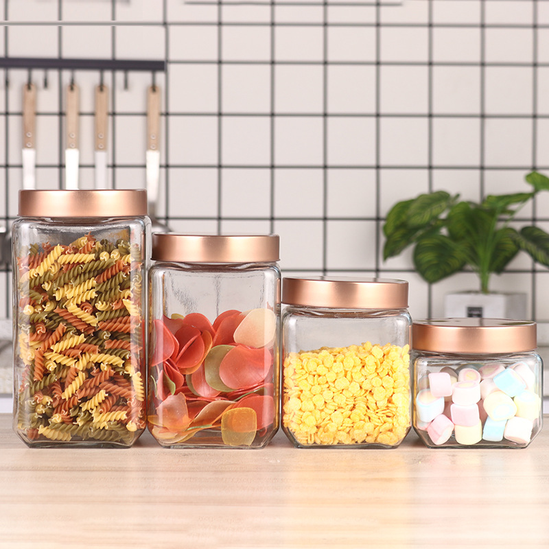 Square tea packaging tin box glass storage bottles fancy glass jars with lids
