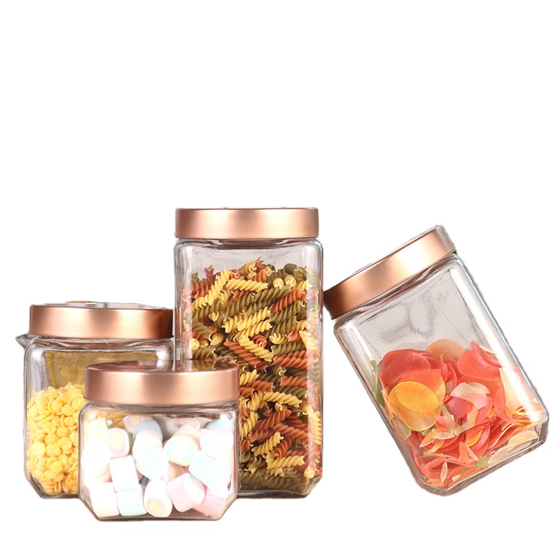 Square tea packaging tin box glass storage bottles fancy glass jars with lids