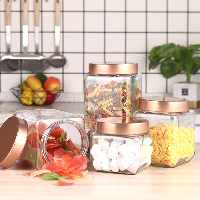 Square tea packaging tin box glass storage bottles fancy glass jars with lids