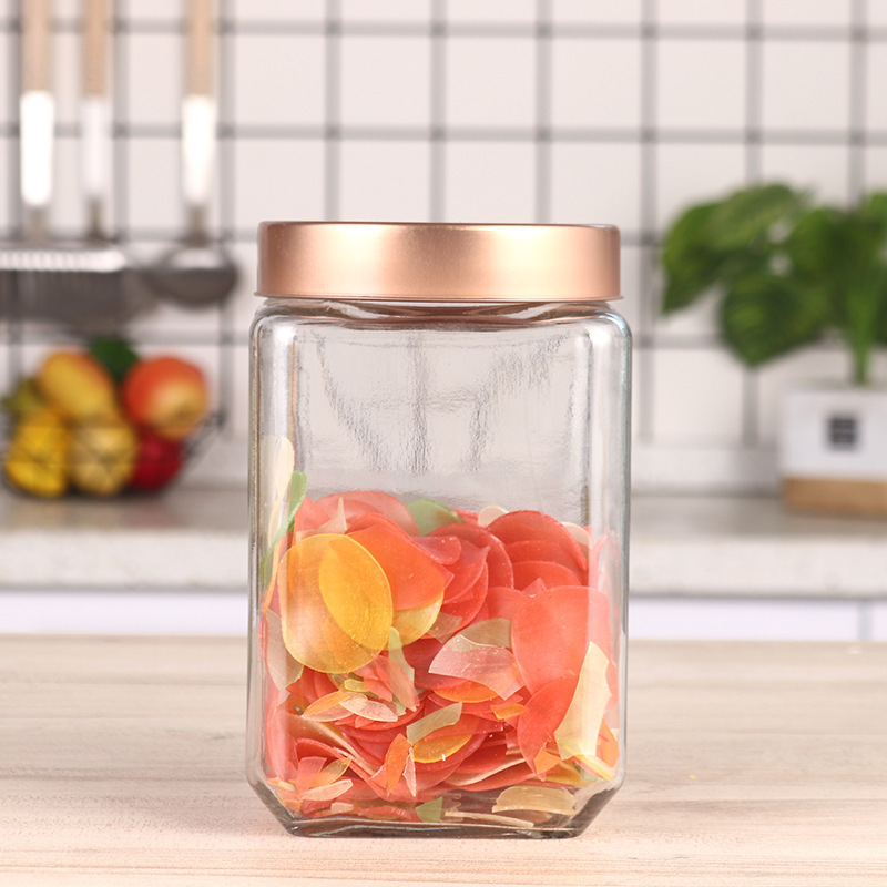 Square tea packaging tin box glass storage bottles fancy glass jars with lids