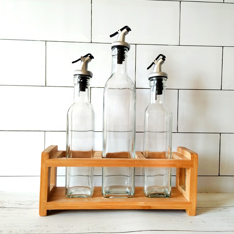 Square thick glass olive oil bottle with non-drip spout