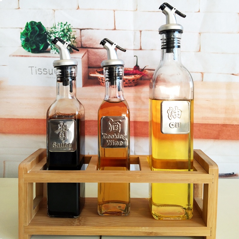 Square thick glass olive oil bottle with non-drip spout