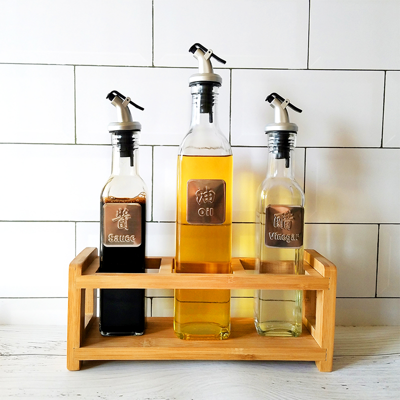 Square thick glass olive oil bottle with non-drip spout