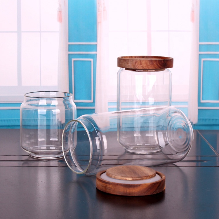 Stackable 10oz 16oz 28oz 34oz 55oz airtight glass storage Canisters jar with wooden lid