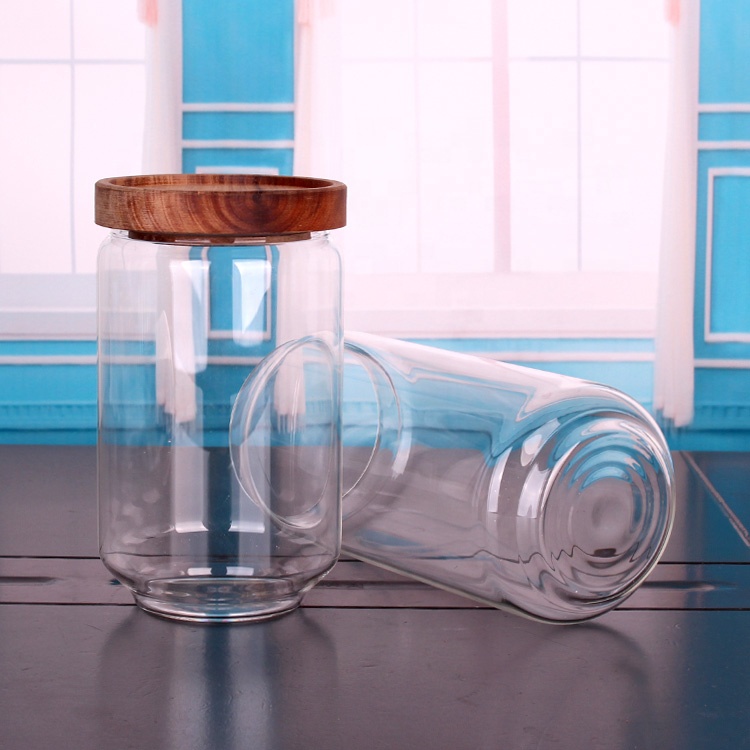 Stackable 10oz 16oz 28oz 34oz 55oz airtight glass storage Canisters jar with wooden lid