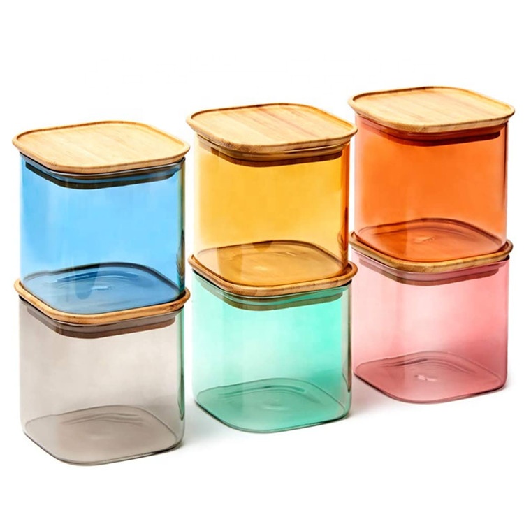 Stackable Bamboo Lid Colored Square High Borosilicate Jar Canister Set