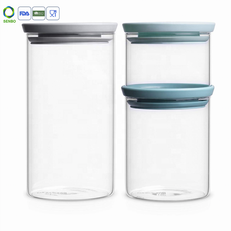 Stackable High Borosilicate Glass Food Noodle Storage Jars Set with Plastic Lid