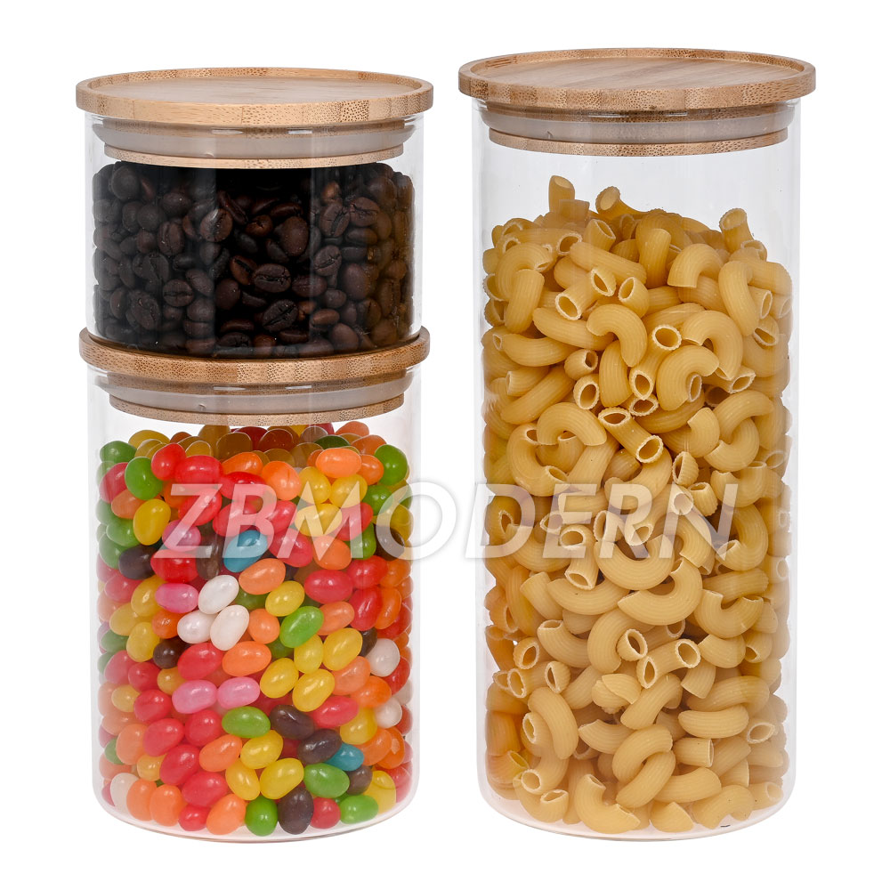 Stackable Kitchen Canisters Set Clear Glass Food Storage Jars Containers Airtight borosilicate glass jar bamboo lid