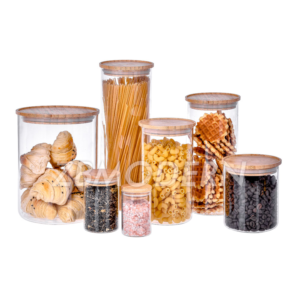 Stackable Kitchen Canisters Set Clear Glass Food Storage Jars Containers Airtight borosilicate glass jar bamboo lid