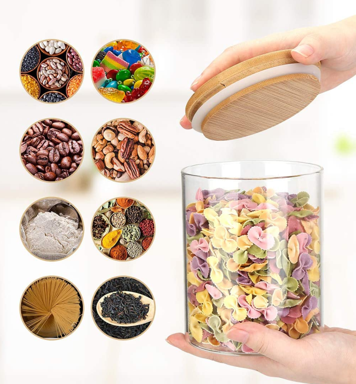 Stackable Kitchen Canisters Set Clear Glass Jars for Home Kitchen Thicken Airtight Food Storage jars with Wood bamboo clamp lid