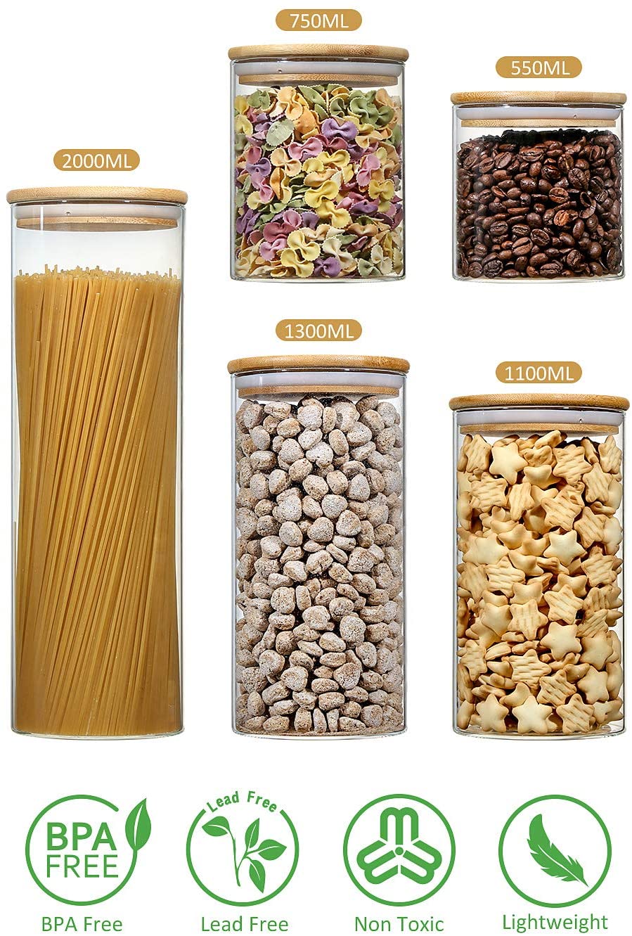 Stackable Kitchen Canisters Set Clear Glass Jars for Home Kitchen Thicken Airtight Food Storage jars with Wood bamboo clamp lid