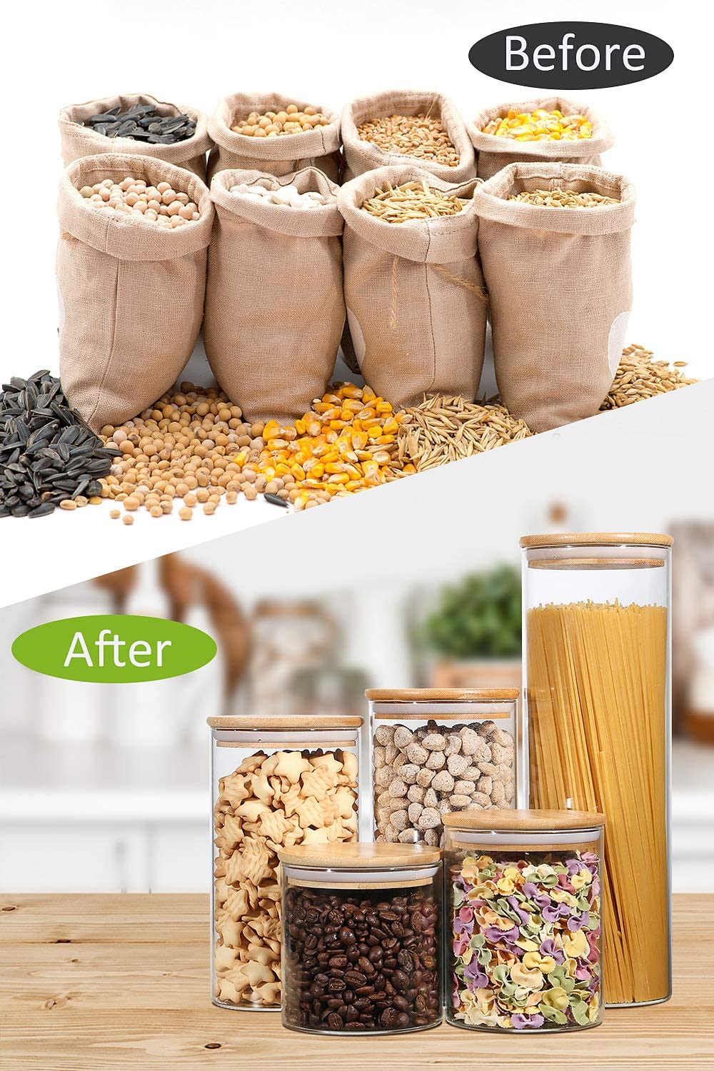 Stackable Kitchen Canisters Set Clear Glass Jars for Home Kitchen Thicken Airtight Food Storage jars with Wood bamboo clamp lid