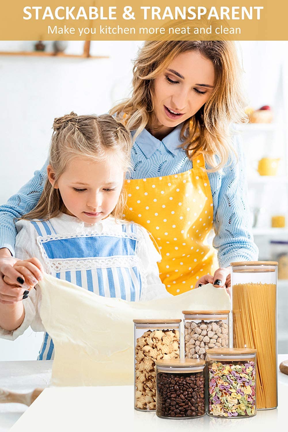 Stackable Kitchen Canisters Set Clear Glass Jars for Home Kitchen Thicken Airtight Food Storage jars with Wood bamboo clamp lid