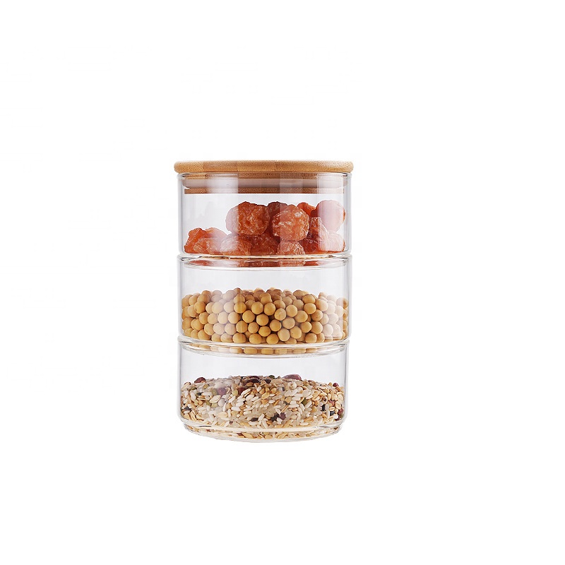 Stackable glass storage jar with wooden lid envases de vidrio