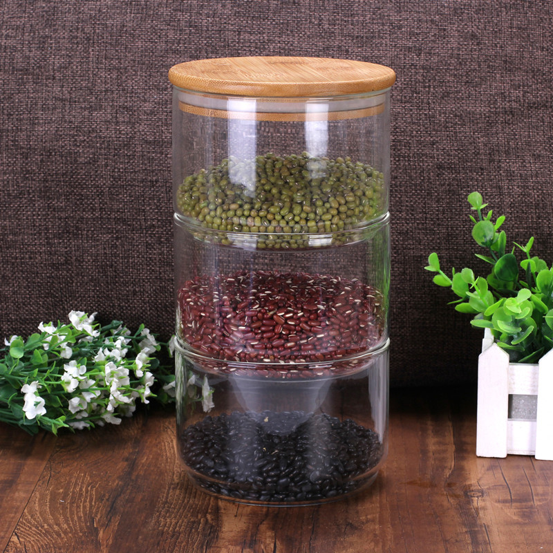 Stackable glass storage jar with wooden lid envases de vidrio