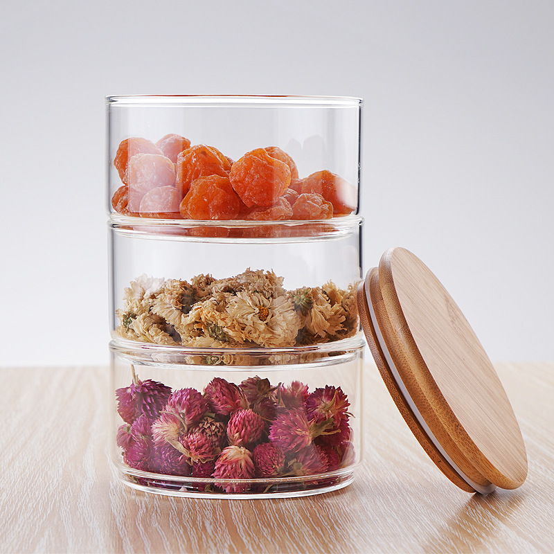 Stackable glass storage jar with wooden lid envases de vidrio