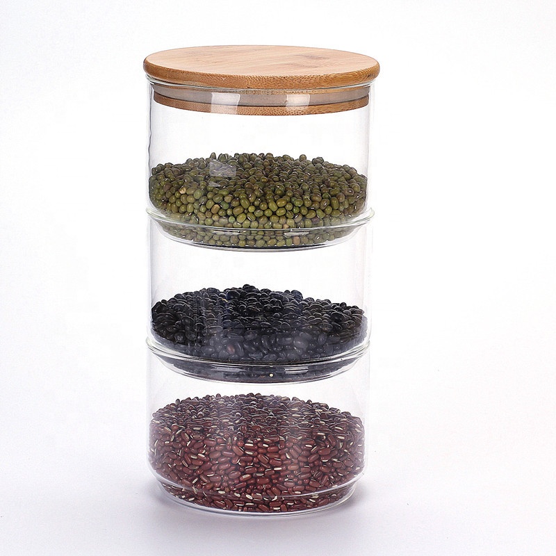 Stackable glass storage jar with wooden lid envases de vidrio