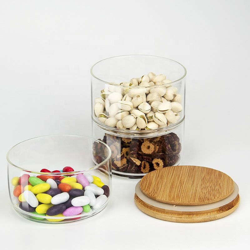 Stackable glass storage jar with wooden lid envases de vidrio