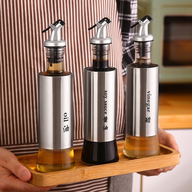 Stainless Steel Glass Oil Can Set Seasoning Bottle Oil Bottle Kitchen Leak-proof Household Vinegar Pot Soy Sauce Vinegar seasoni