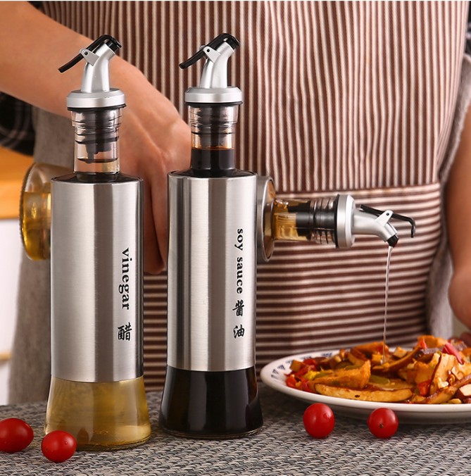 Stainless Steel Glass Oil Can Set Seasoning Bottle Oil Bottle Kitchen Leak-proof Household Vinegar Pot Soy Sauce Vinegar seasoni