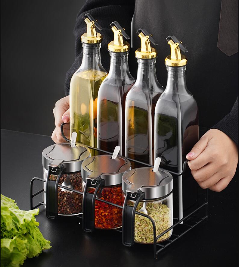 Stainless Steel Kitchen Spice Kit Bottles Pepper Glass Seasoning Tank box with Spoon Seasoning Jars Container Food Storage 2021