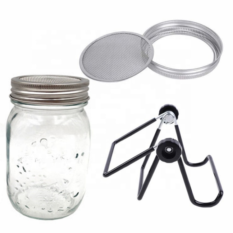 Stainless Steel Sprout Lid Seed Sprouting Glass Mason Jar Kit with Rack Stand