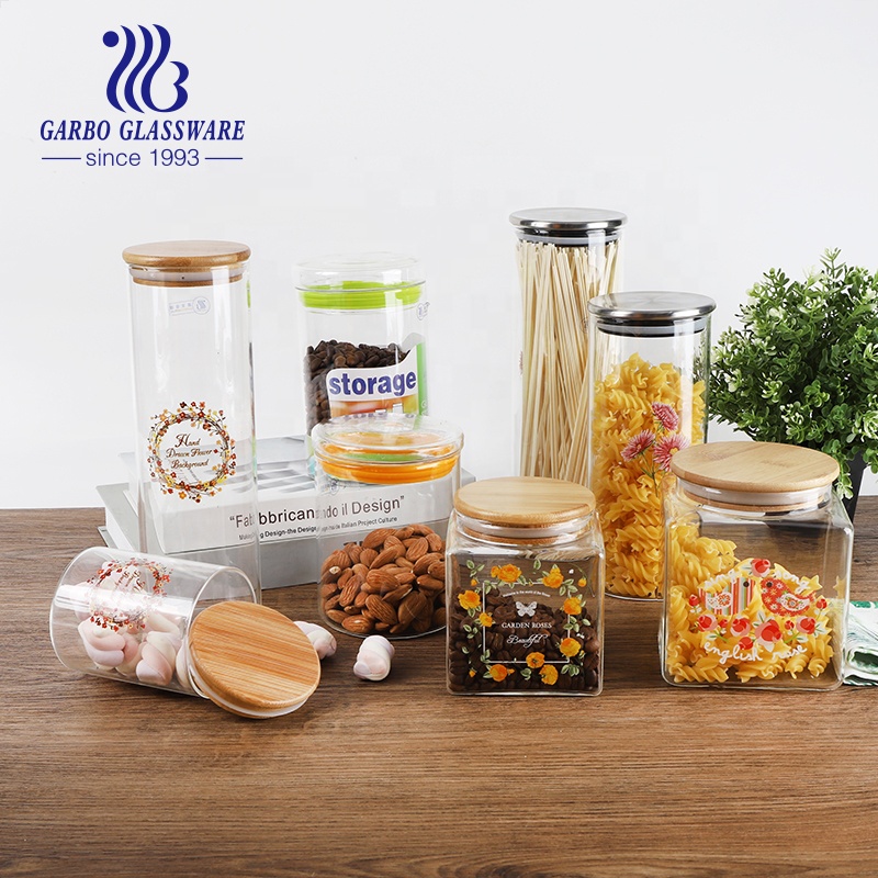 Standard 1000ML heat resistant glass storage jar with airtight lid and custom printing decal logo for dried foods