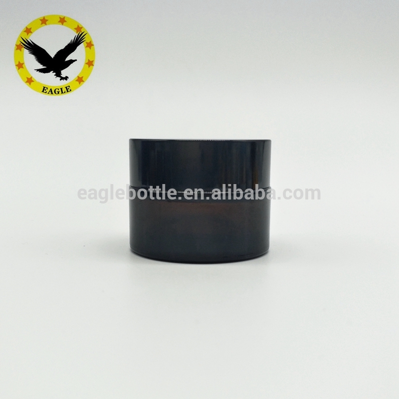 Standard design Cosmetic gels container round brown glass jar 50 ml with black screw top