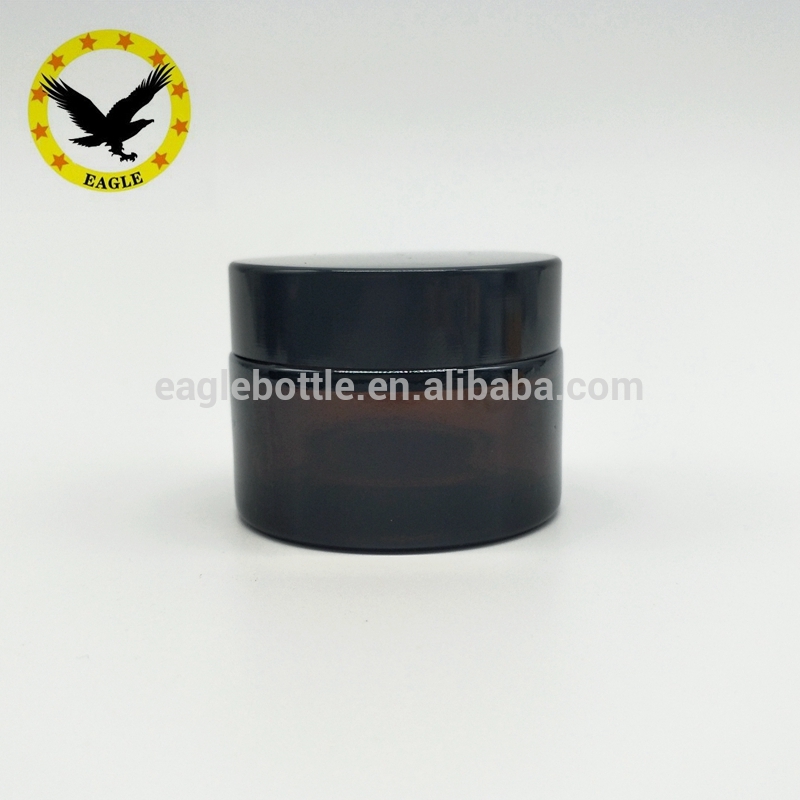 Standard design Cosmetic gels container round brown glass jar 50 ml with black screw top