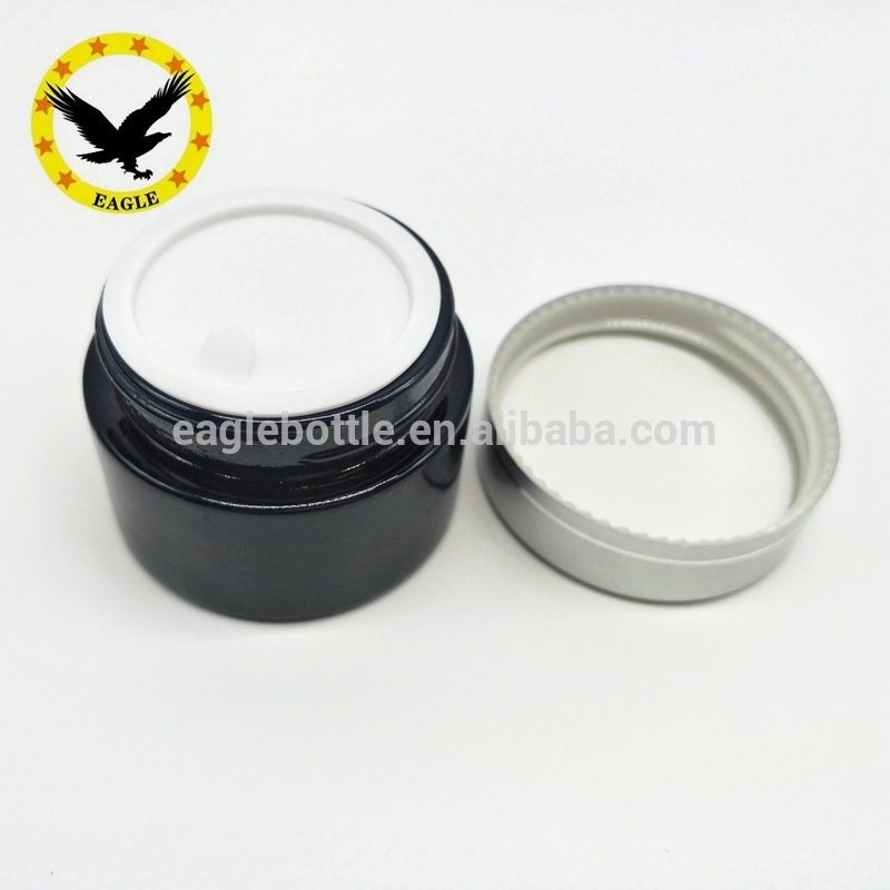 Standard design Cosmetic gels container round brown glass jar 50 ml with black screw top