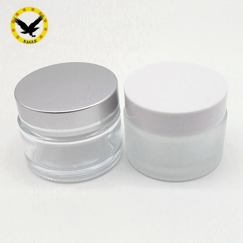 Standard design frosted glass cosmetics jars with matte silver aluminum lid 100g