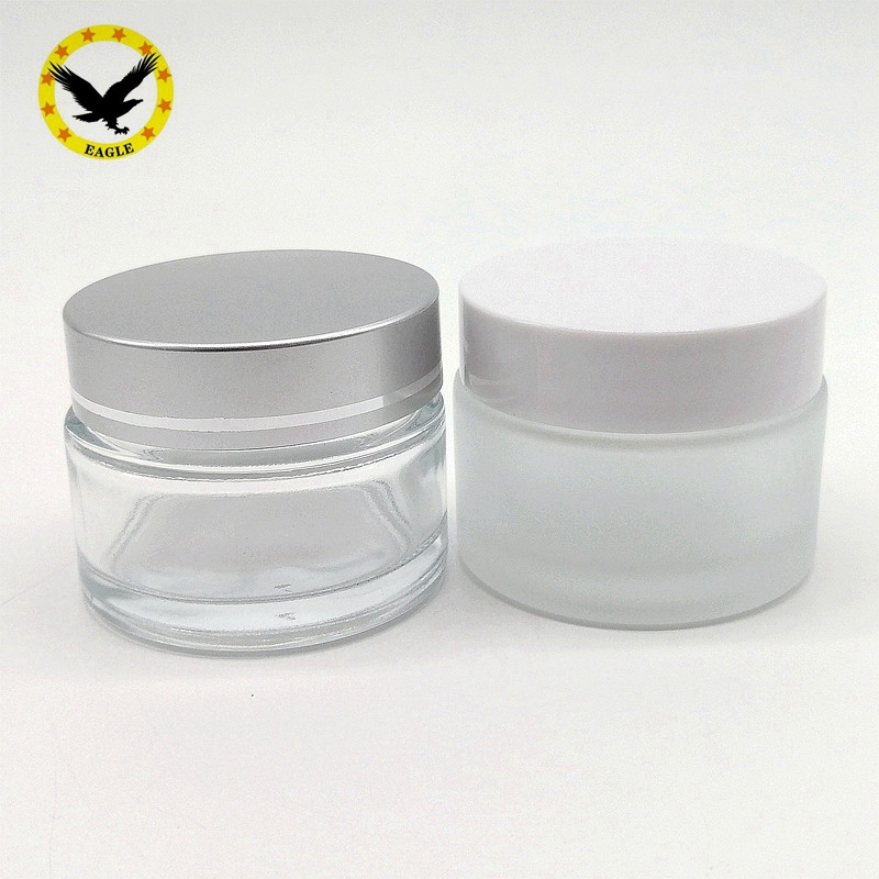 Standard design frosted glass cosmetics jars with matte silver aluminum lid 100g