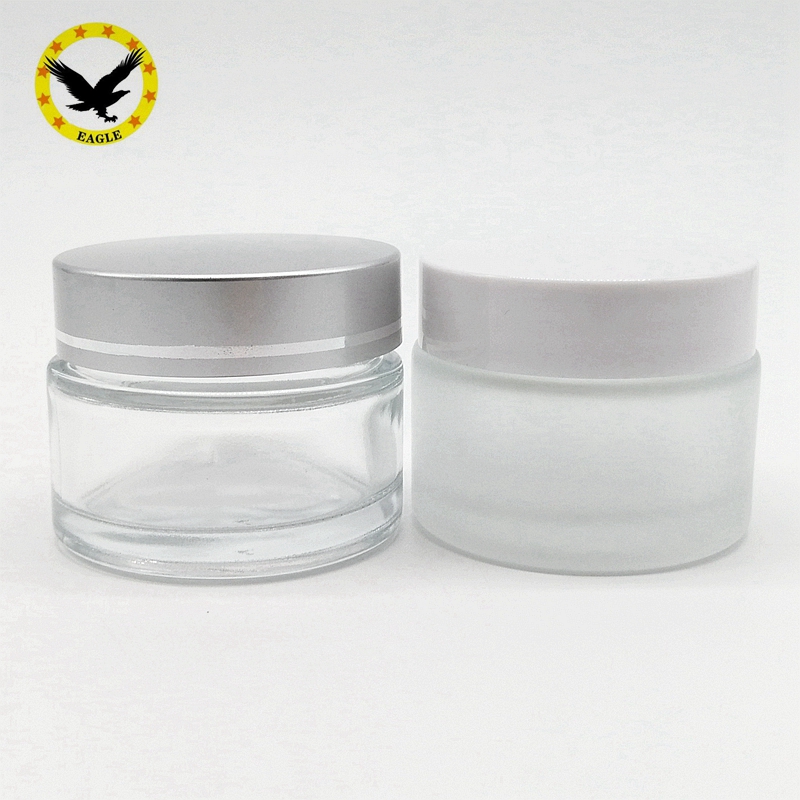 Standard design frosted glass cosmetics jars with matte silver aluminum lid 100g