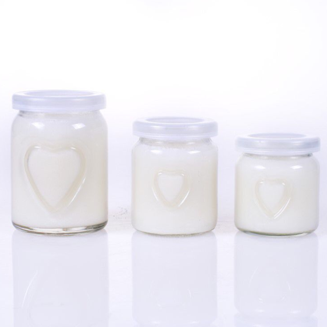 Stock 100ml 150ml 250ml heart shape pudding glass jar with plastic lid