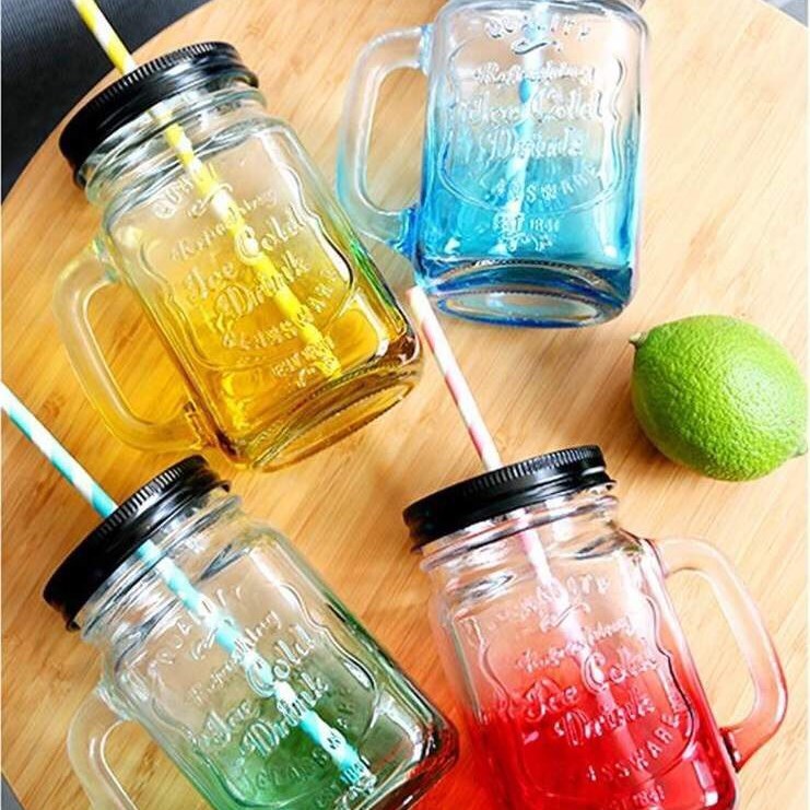 Stock 16oz 500ml eco friendly mason drinking cup  jar with handle and straw