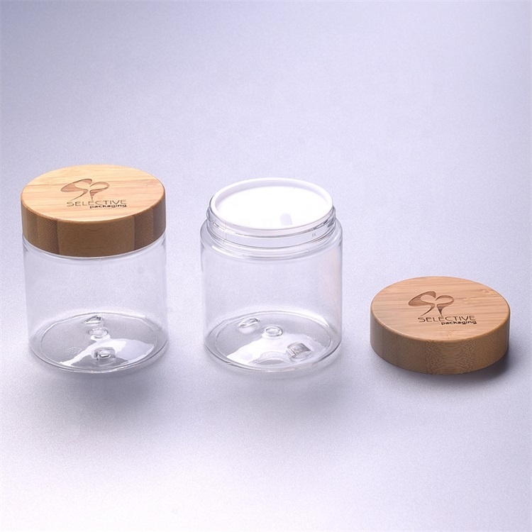 Stock 250ml plastic jar 250g frosted clear color pet jar with 68mm bamboo cap SY-ZS250-FCL